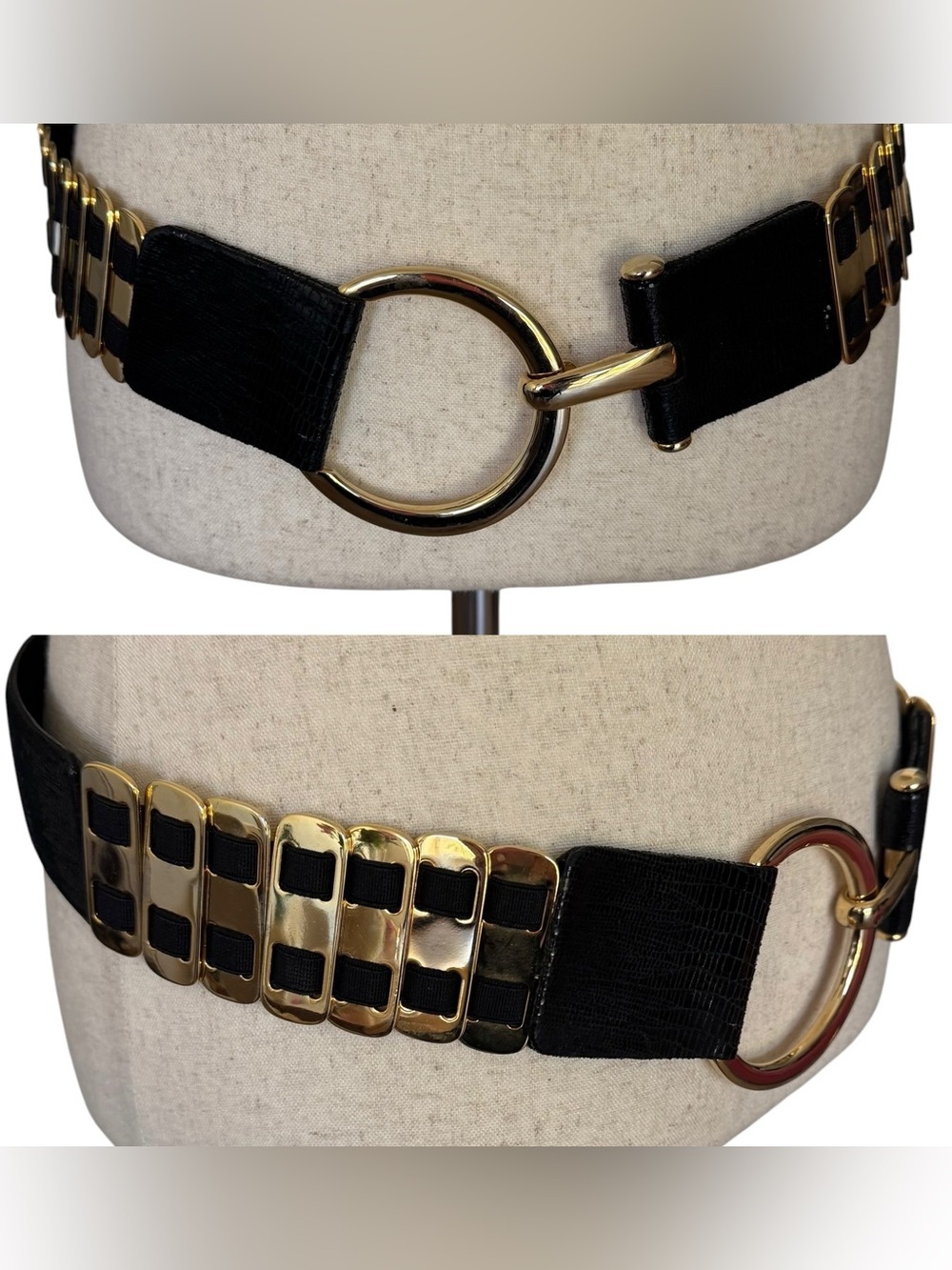 Sandy Duftler Gold Latch Black Leather Belt Large